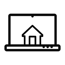 The image depicts a laptop icon with a simplistic representation of a house on the screen, suggesting the concept of working from home or online property services.